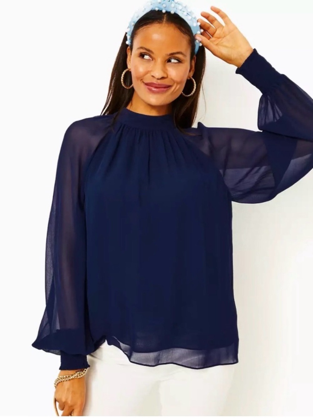 NWT Lilly Pulitzer Navy Chiffon Long Sleeve Sz 0 with Sheer Sleeves